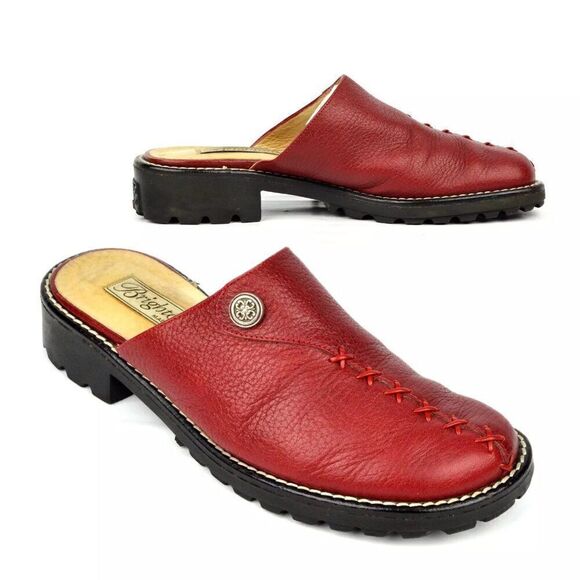 Brighton Heidi Mules Flat Clogs Red Pebbled Leather w/Button Made in Italy. 7B - Picture 1 of 8